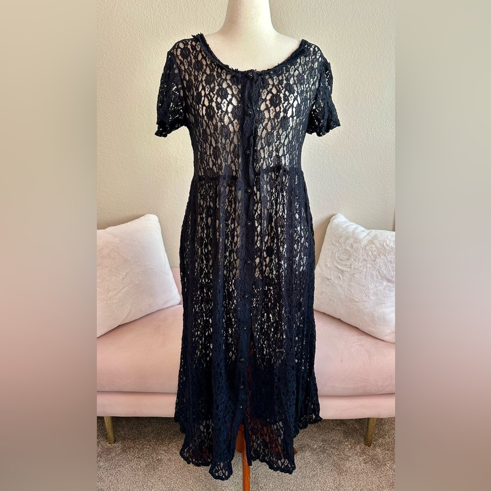 Vintage 80’s Elisse Black Lace Button Front Sheer Overdress Maxi Dress Women’s M